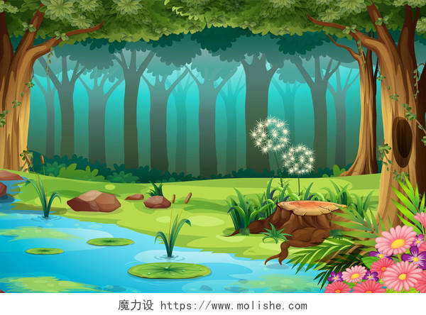 手绘绿色的树木河流插画